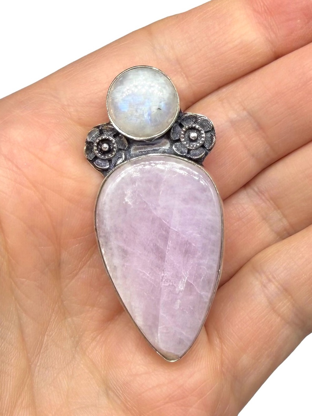 Kunzite & Rainbow Moonstone Necklace Pendant 925 Sterling Silver Overlay